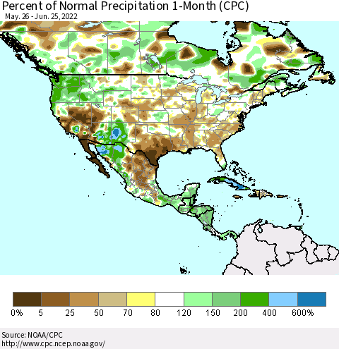 North America Percent of Normal Precipitation 1-Month (CPC) Thematic Map For 5/26/2022 - 6/25/2022