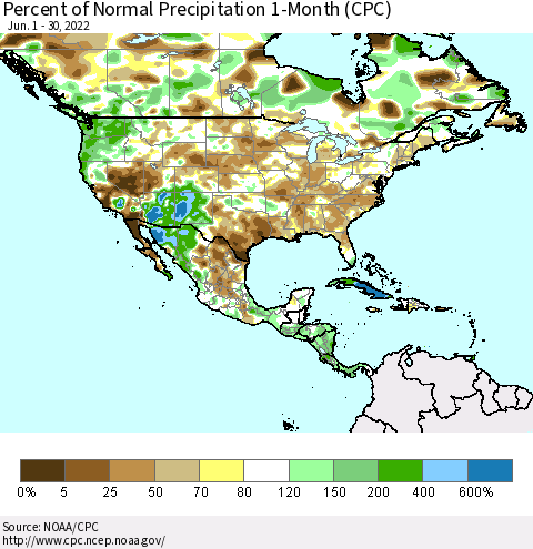 North America Percent of Normal Precipitation 1-Month (CPC) Thematic Map For 6/1/2022 - 6/30/2022