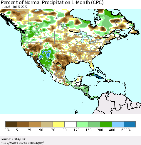 North America Percent of Normal Precipitation 1-Month (CPC) Thematic Map For 6/6/2022 - 7/5/2022