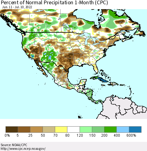 North America Percent of Normal Precipitation 1-Month (CPC) Thematic Map For 6/11/2022 - 7/10/2022