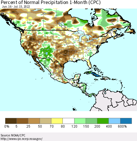 North America Percent of Normal Precipitation 1-Month (CPC) Thematic Map For 6/16/2022 - 7/15/2022