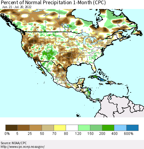 North America Percent of Normal Precipitation 1-Month (CPC) Thematic Map For 6/21/2022 - 7/20/2022