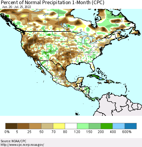 North America Percent of Normal Precipitation 1-Month (CPC) Thematic Map For 6/26/2022 - 7/25/2022
