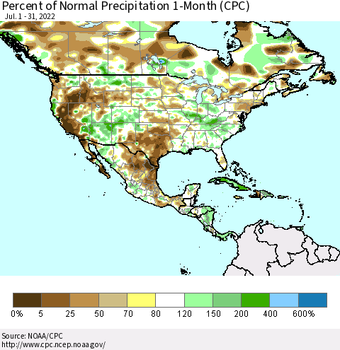 North America Percent of Normal Precipitation 1-Month (CPC) Thematic Map For 7/1/2022 - 7/31/2022