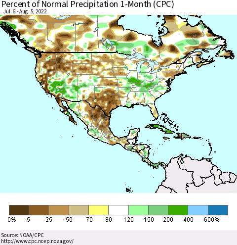 North America Percent of Normal Precipitation 1-Month (CPC) Thematic Map For 7/6/2022 - 8/5/2022