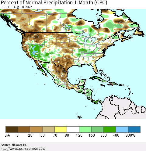 North America Percent of Normal Precipitation 1-Month (CPC) Thematic Map For 7/11/2022 - 8/10/2022