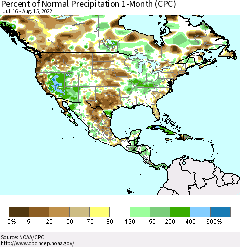 North America Percent of Normal Precipitation 1-Month (CPC) Thematic Map For 7/16/2022 - 8/15/2022