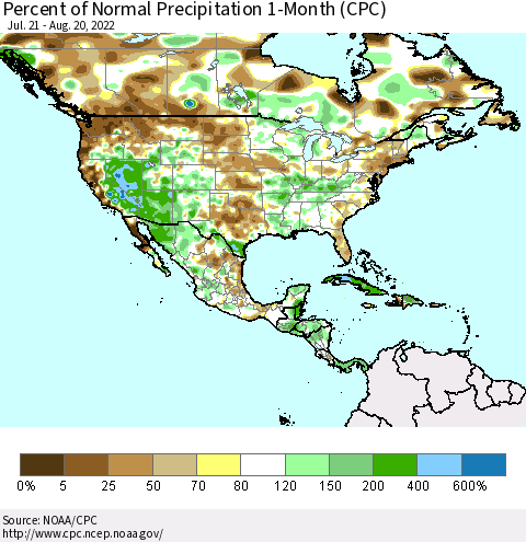 North America Percent of Normal Precipitation 1-Month (CPC) Thematic Map For 7/21/2022 - 8/20/2022