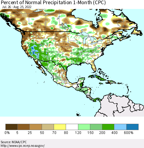 North America Percent of Normal Precipitation 1-Month (CPC) Thematic Map For 7/26/2022 - 8/25/2022