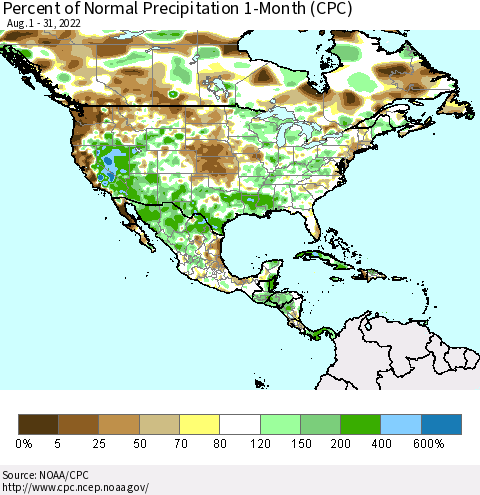 North America Percent of Normal Precipitation 1-Month (CPC) Thematic Map For 8/1/2022 - 8/31/2022