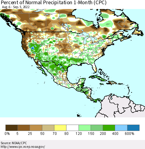 North America Percent of Normal Precipitation 1-Month (CPC) Thematic Map For 8/6/2022 - 9/5/2022