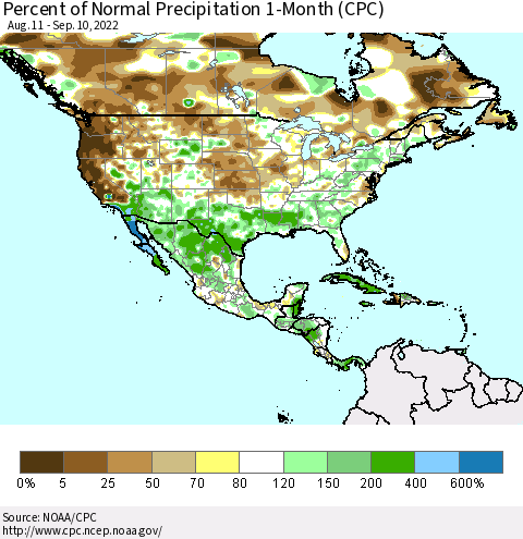 North America Percent of Normal Precipitation 1-Month (CPC) Thematic Map For 8/11/2022 - 9/10/2022