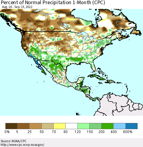 North America Percent of Normal Precipitation 1-Month (CPC) Thematic Map For 8/16/2022 - 9/15/2022