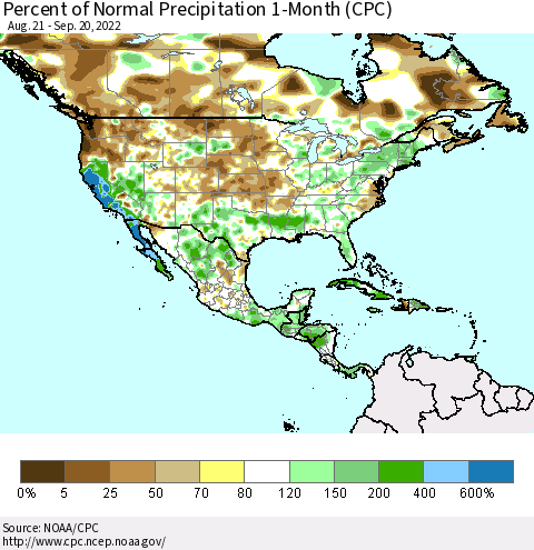 North America Percent of Normal Precipitation 1-Month (CPC) Thematic Map For 8/21/2022 - 9/20/2022