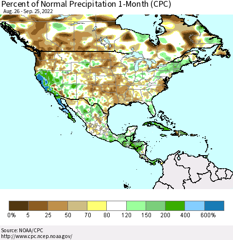 North America Percent of Normal Precipitation 1-Month (CPC) Thematic Map For 8/26/2022 - 9/25/2022