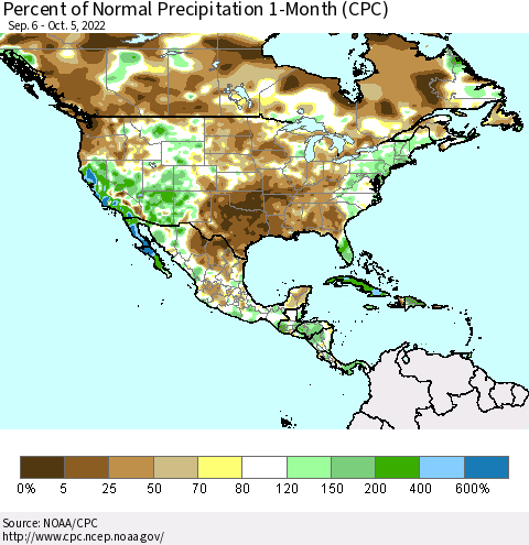 North America Percent of Normal Precipitation 1-Month (CPC) Thematic Map For 9/6/2022 - 10/5/2022
