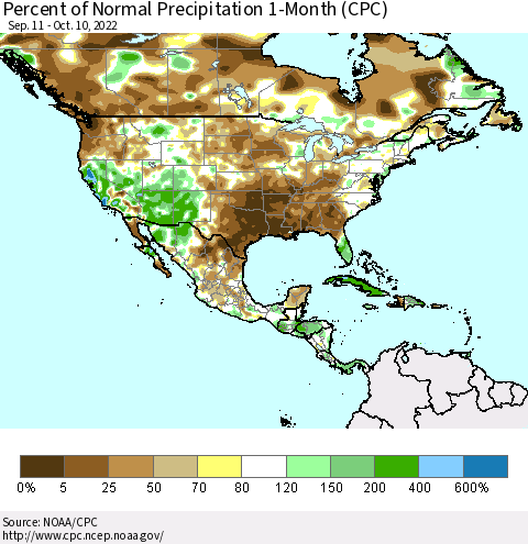 North America Percent of Normal Precipitation 1-Month (CPC) Thematic Map For 9/11/2022 - 10/10/2022