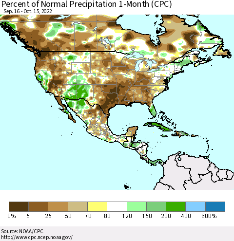 North America Percent of Normal Precipitation 1-Month (CPC) Thematic Map For 9/16/2022 - 10/15/2022