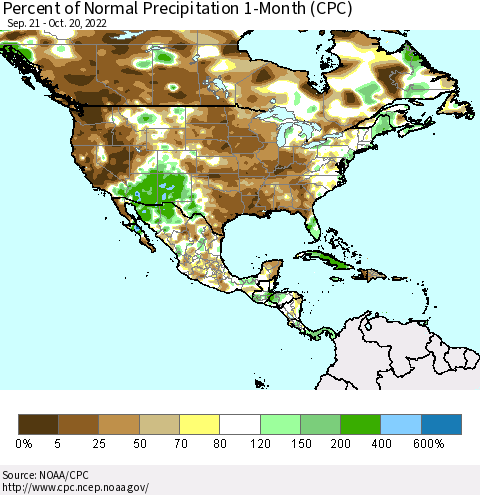 North America Percent of Normal Precipitation 1-Month (CPC) Thematic Map For 9/21/2022 - 10/20/2022