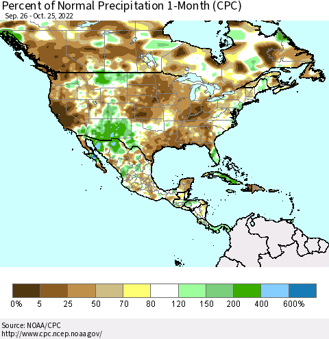 North America Percent of Normal Precipitation 1-Month (CPC) Thematic Map For 9/26/2022 - 10/25/2022