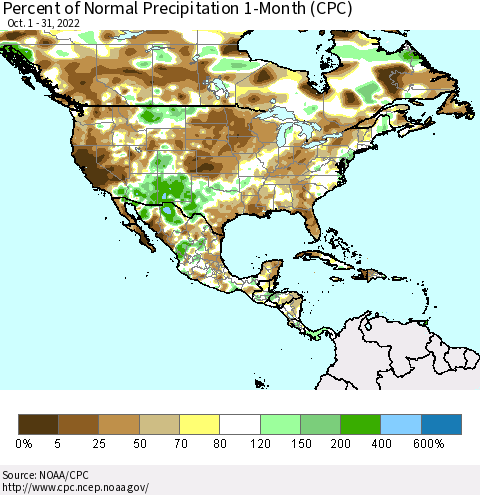 North America Percent of Normal Precipitation 1-Month (CPC) Thematic Map For 10/1/2022 - 10/31/2022