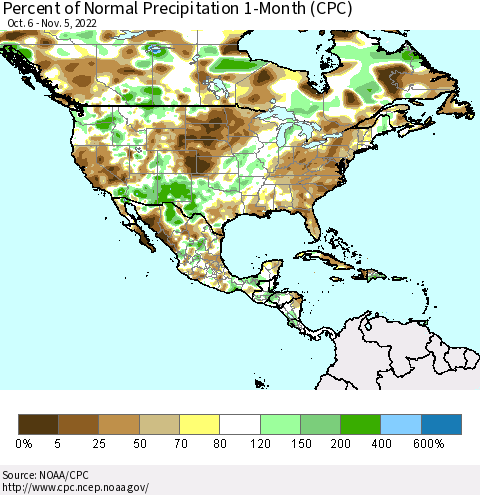 North America Percent of Normal Precipitation 1-Month (CPC) Thematic Map For 10/6/2022 - 11/5/2022