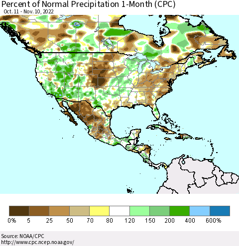 North America Percent of Normal Precipitation 1-Month (CPC) Thematic Map For 10/11/2022 - 11/10/2022