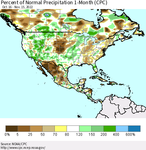 North America Percent of Normal Precipitation 1-Month (CPC) Thematic Map For 10/16/2022 - 11/15/2022