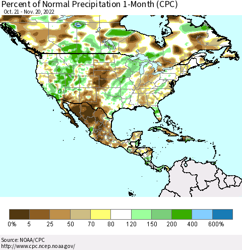 North America Percent of Normal Precipitation 1-Month (CPC) Thematic Map For 10/21/2022 - 11/20/2022