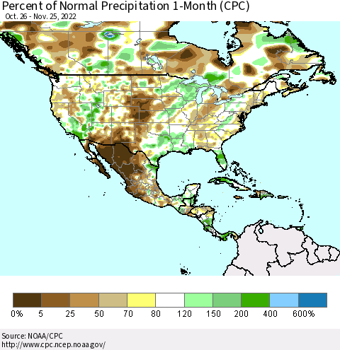 North America Percent of Normal Precipitation 1-Month (CPC) Thematic Map For 10/26/2022 - 11/25/2022