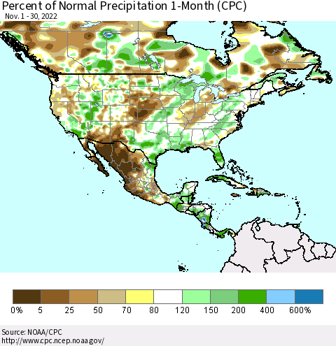 North America Percent of Normal Precipitation 1-Month (CPC) Thematic Map For 11/1/2022 - 11/30/2022