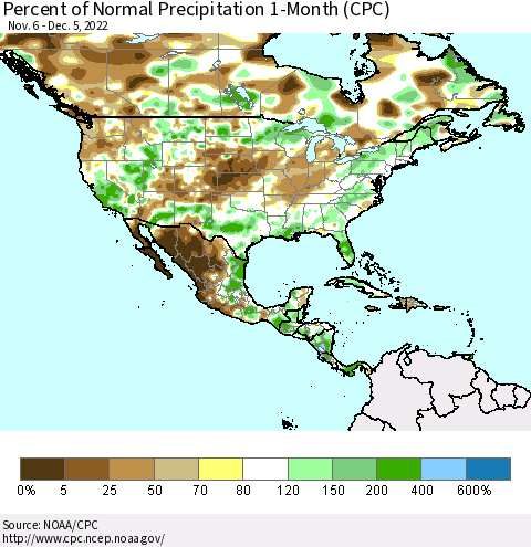 North America Percent of Normal Precipitation 1-Month (CPC) Thematic Map For 11/6/2022 - 12/5/2022