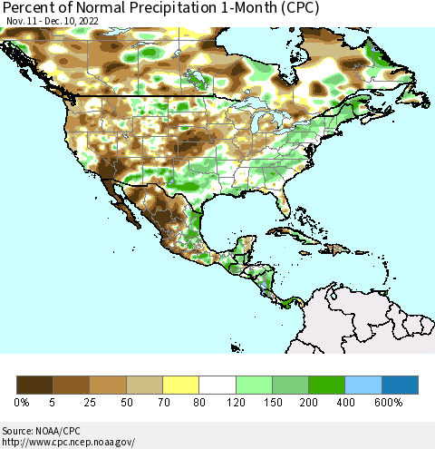 North America Percent of Normal Precipitation 1-Month (CPC) Thematic Map For 11/11/2022 - 12/10/2022