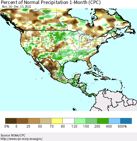 North America Percent of Normal Precipitation 1-Month (CPC) Thematic Map For 11/16/2022 - 12/15/2022