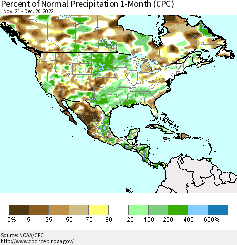 North America Percent of Normal Precipitation 1-Month (CPC) Thematic Map For 11/21/2022 - 12/20/2022