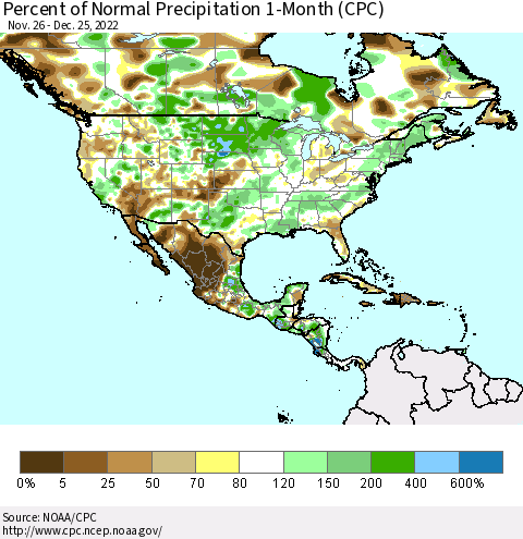 North America Percent of Normal Precipitation 1-Month (CPC) Thematic Map For 11/26/2022 - 12/25/2022