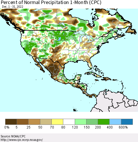 North America Percent of Normal Precipitation 1-Month (CPC) Thematic Map For 12/1/2022 - 12/31/2022