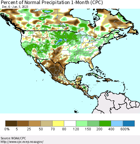 North America Percent of Normal Precipitation 1-Month (CPC) Thematic Map For 12/6/2022 - 1/5/2023