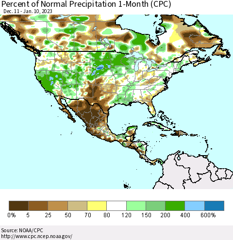 North America Percent of Normal Precipitation 1-Month (CPC) Thematic Map For 12/11/2022 - 1/10/2023