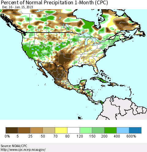 North America Percent of Normal Precipitation 1-Month (CPC) Thematic Map For 12/16/2022 - 1/15/2023