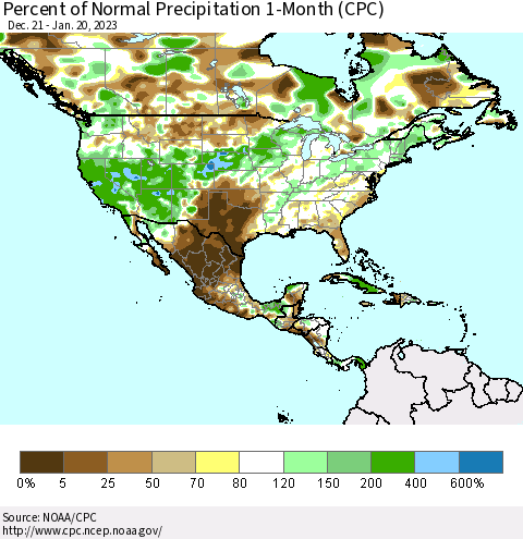 North America Percent of Normal Precipitation 1-Month (CPC) Thematic Map For 12/21/2022 - 1/20/2023