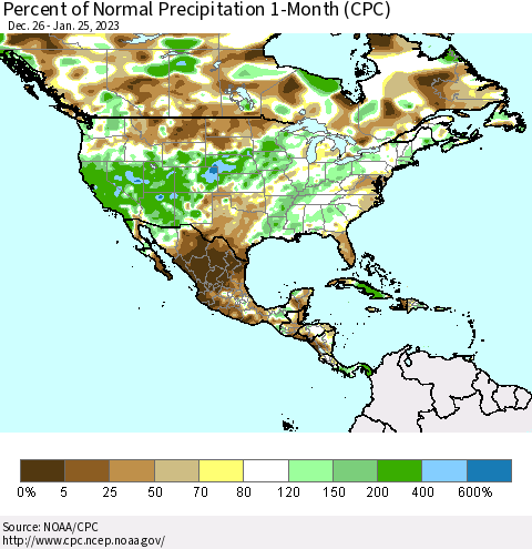 North America Percent of Normal Precipitation 1-Month (CPC) Thematic Map For 12/26/2022 - 1/25/2023