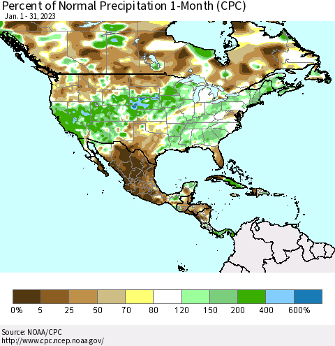 North America Percent of Normal Precipitation 1-Month (CPC) Thematic Map For 1/1/2023 - 1/31/2023