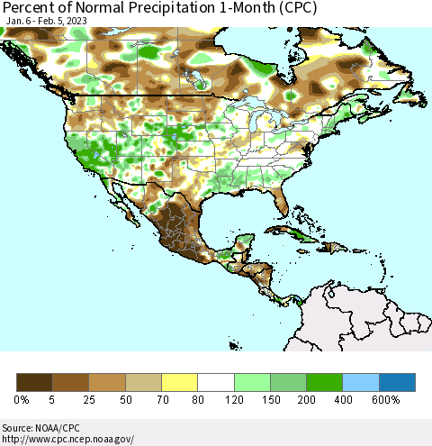 North America Percent of Normal Precipitation 1-Month (CPC) Thematic Map For 1/6/2023 - 2/5/2023