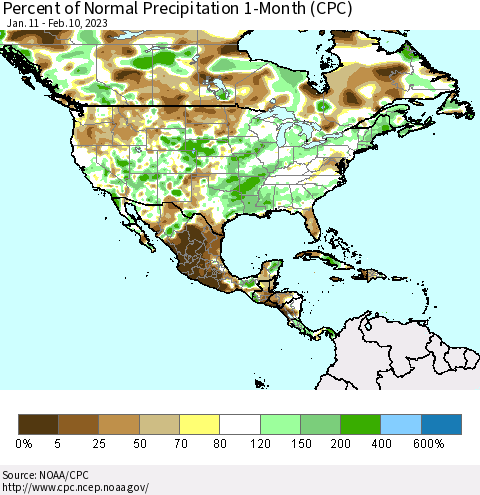 North America Percent of Normal Precipitation 1-Month (CPC) Thematic Map For 1/11/2023 - 2/10/2023