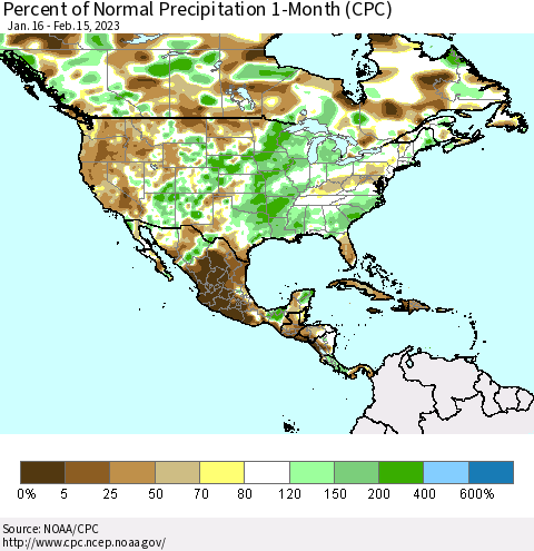 North America Percent of Normal Precipitation 1-Month (CPC) Thematic Map For 1/16/2023 - 2/15/2023