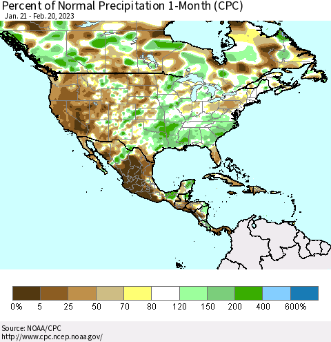 North America Percent of Normal Precipitation 1-Month (CPC) Thematic Map For 1/21/2023 - 2/20/2023