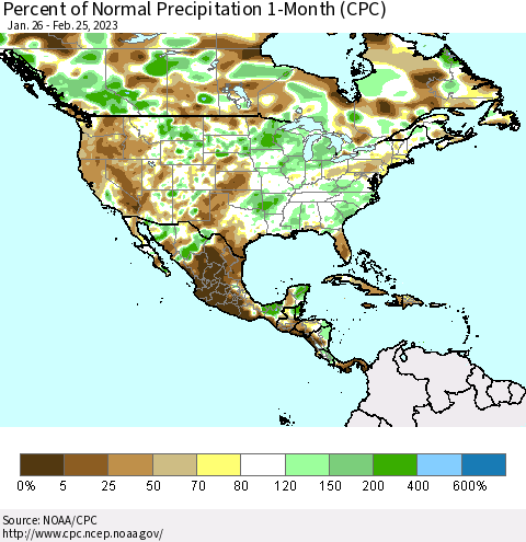 North America Percent of Normal Precipitation 1-Month (CPC) Thematic Map For 1/26/2023 - 2/25/2023
