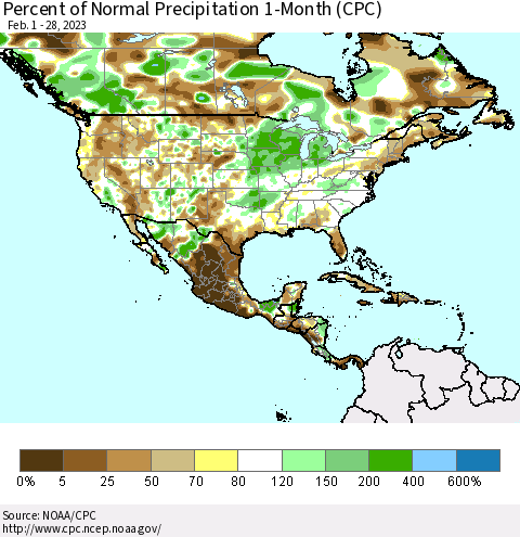 North America Percent of Normal Precipitation 1-Month (CPC) Thematic Map For 2/1/2023 - 2/28/2023