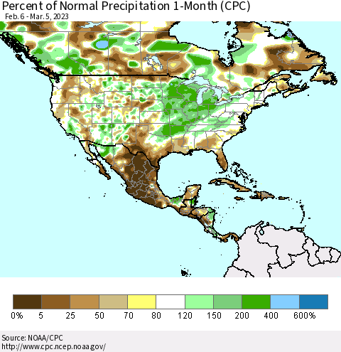 North America Percent of Normal Precipitation 1-Month (CPC) Thematic Map For 2/6/2023 - 3/5/2023